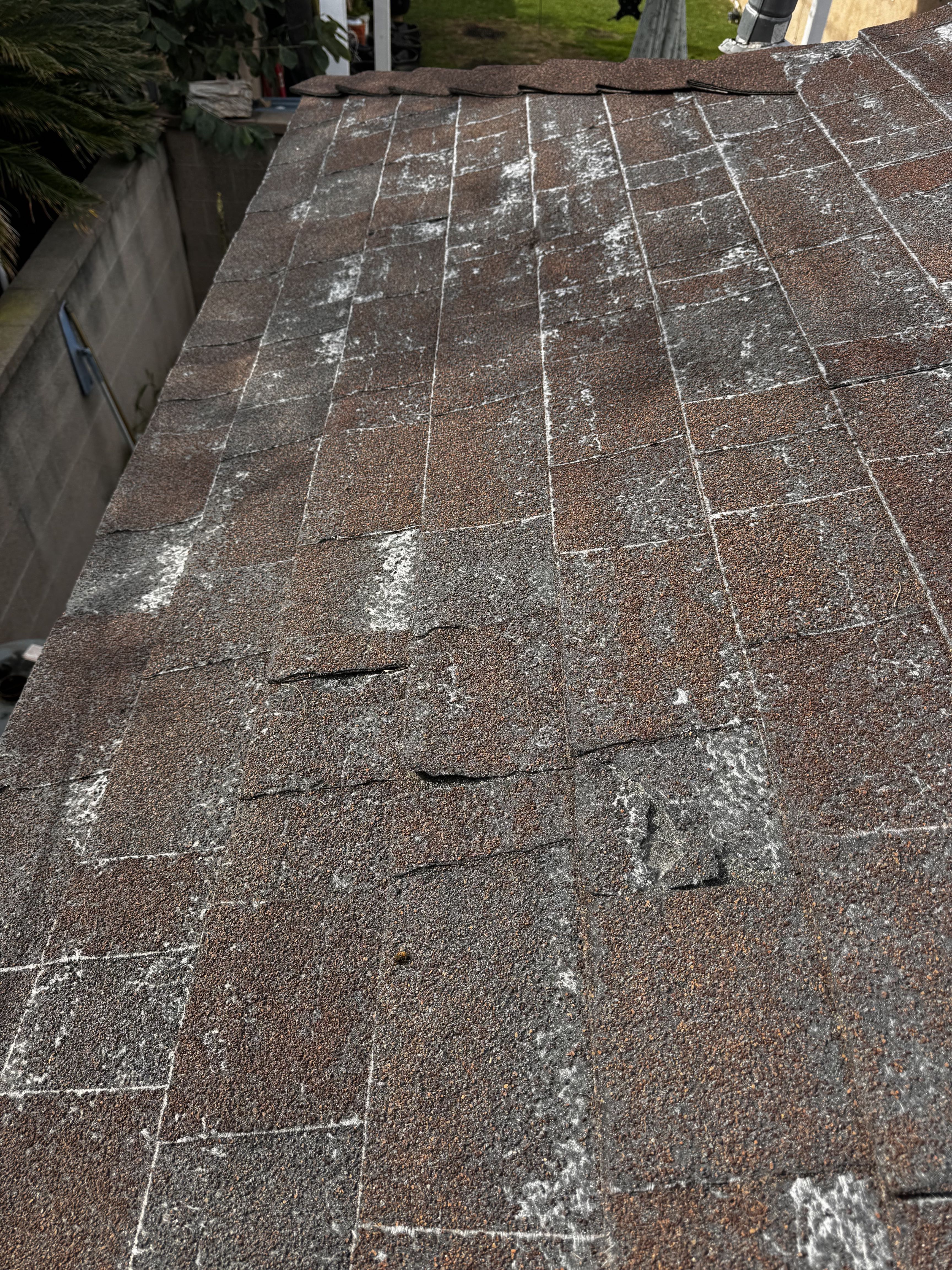 Cracked and missing roof shingles